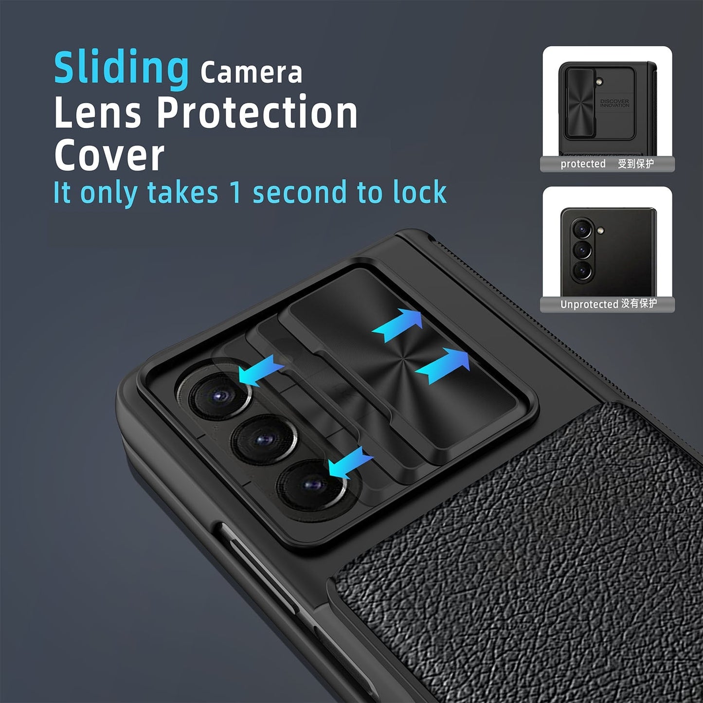 Slide Camera Cover with Leather Wallet For Samsung Galaxy Z Fold 5